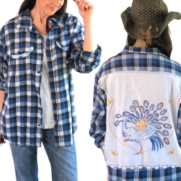 Upcycled plaid flannel with embroidered peacock 2X